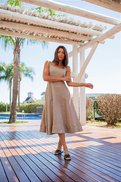 VESTIDO MIDI EVASÊ LINHO PURO CACAU