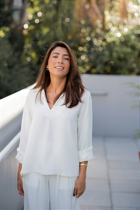 CAMISA DECOTE V MANGA LONGA CREPE OFF WHITE