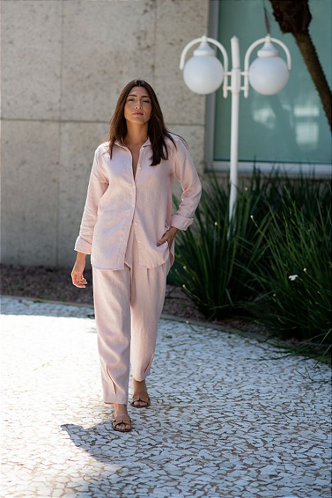 CALÇA CENOURA LINHO PURO ROSA CHÁ