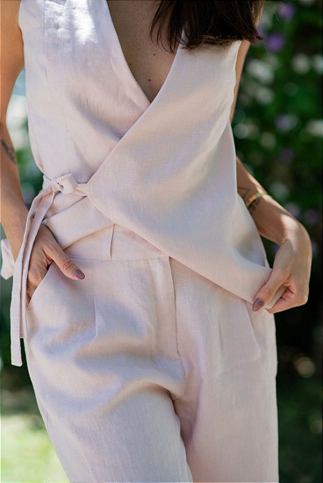 BLUSA TRANSPASSADA LINHO PURO ROSA CHÁ