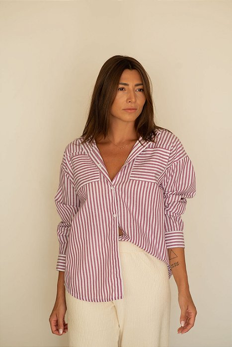 CAMISA AMPLA TRICOLINE LISTRA VINHO