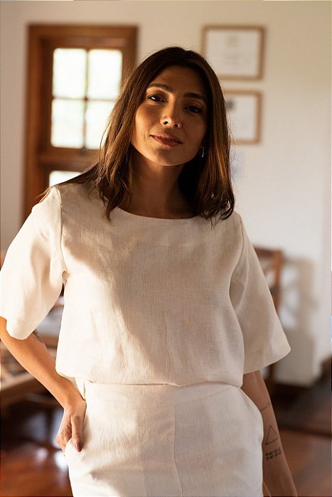 BLUSA BÁSICA LINHO PURO OFF WHITE