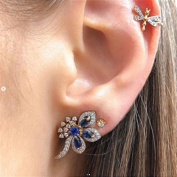 Brinco Pétalas em Ouro Amarelo com Pedras Naturais e Diamantes