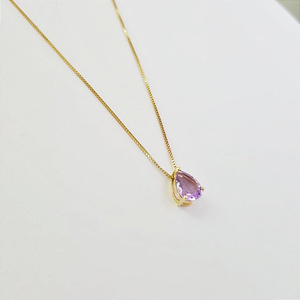 Corrente c/ Pingente Gota Ametista em Ouro Amarelo