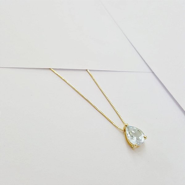 Corrente c/ Pingente Gota Topázio Sky em Ouro Amarelo