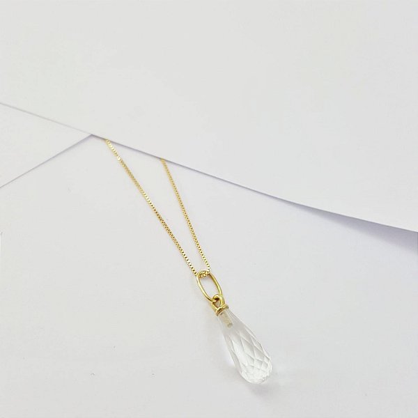 Corrente c/ Pingente Gota Cristal em Ouro Amarelo