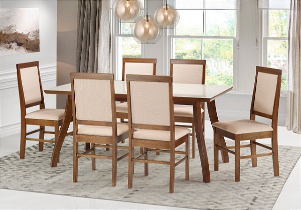 CONJUNTO MESA MILENA COM VIDRO + SEIS CADEIRAS CAMILA