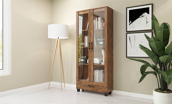 ESTANTE PARA LIVROS 2 PORTAS DE VIDRO + GAVETA