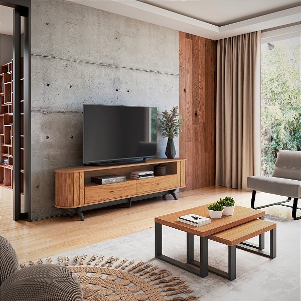 RACK CURVO 220CM C/ 2 GAVETAS - FREIJO/PRETO FOSCO