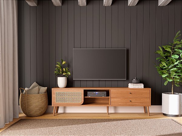 RACK TELA 220CM C/ 2 GAVETAS E PORTA CORRER - FREIJO