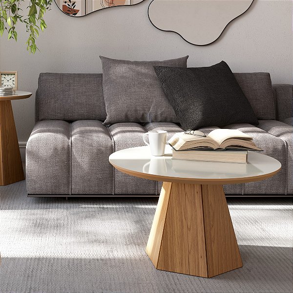 MESA CENTRO PE HEXAGONAL 70CM - OFF WHITE/FREIJO