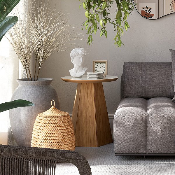 MESA LATERAL PE HEXAGONAL 50CM - OFF WHITE/FREIJO