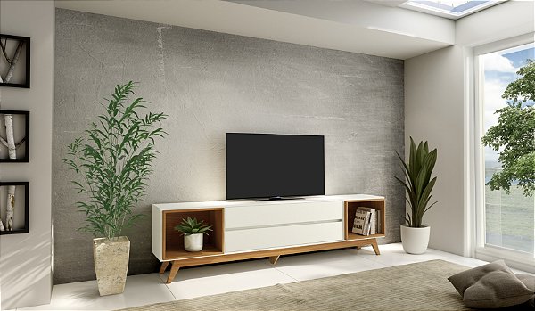 Rack retrô 220cm c/ 2 gavetas - Off White/Freijó - Dalla Costa