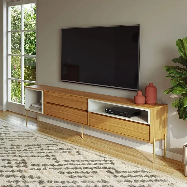 Rack Florença 224cm com 3 gavetas e 2 nichos - OFF WHITE FREIJÓ - DALLA COSTA