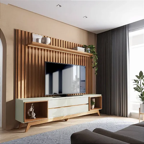 Painel 228cm + Rack 220cm c/ 2 gavetas - off white freijó - dalla costa