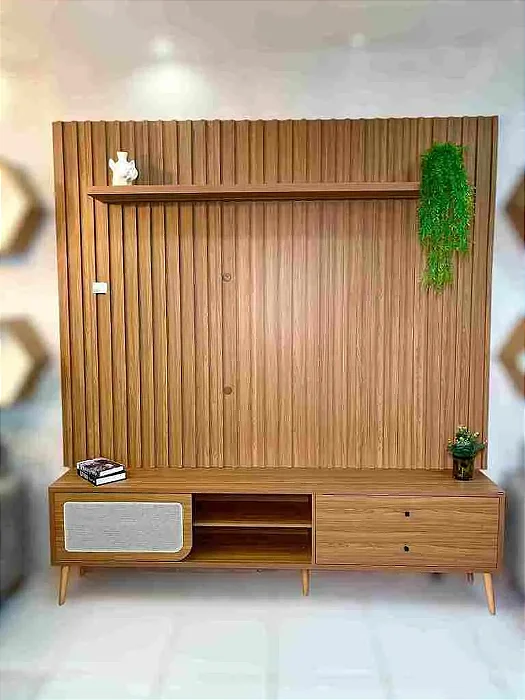 Painel 228cm + Rack tela sintética 220cm c/ 2 gavetas e 1 porta de correr - freijó - dalla costa