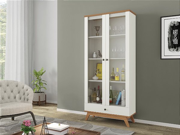 Estante multiuso c/ gaveta e portas de vidro - off white/freijó - dalla costa