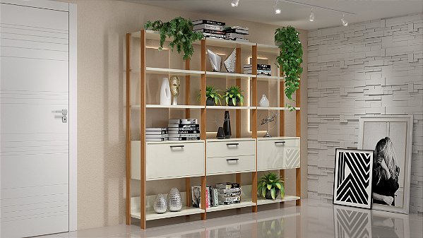 Estante 3 torres (2x basculante + gaveteiro) – freijó/preto escuro ou off white/freijó - dalla costa