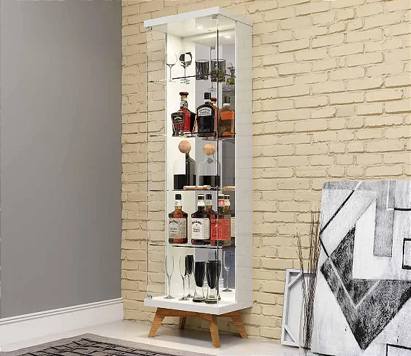 Cristaleira retro espelhada c/ 1 porta vidro e LED – off white/freijó - dalla costa