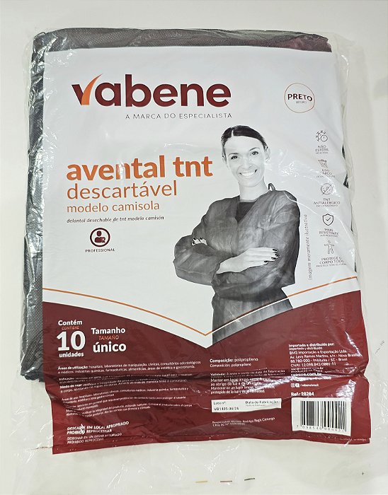 Avental TNT Manga Longa Preto 10 uni Vabene