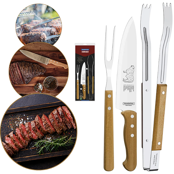Kit P/ Churrasco Com Lâmina Aço Inox E Cabo De Madeira 3 Pçs