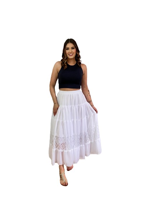 Saia Branca Boho com Renda Moda Casual e Umbanda Casa Shiva