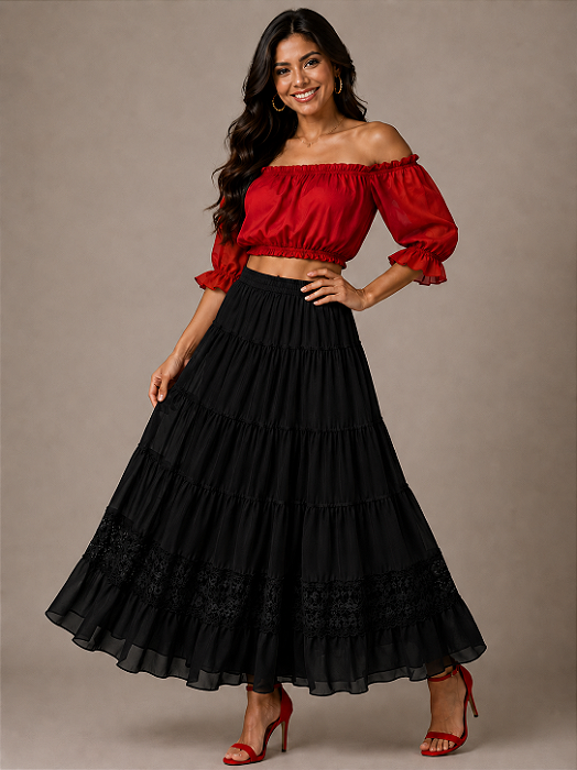 Saia Preta com detalhes em Renda: Versatilidade para a Moda Casual e Umbanda!