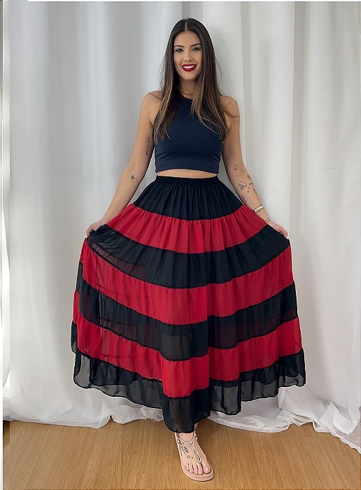 Saia Camadas Preta com Vermelho