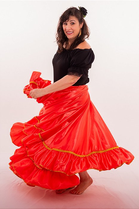 Saia Cigana Longa com 1 babado com 14 metros de roda modelo Cigana Madalena Laranja