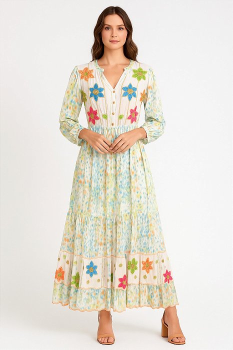Vestido Longo Modelo Luxo Bordado Moda Indiana