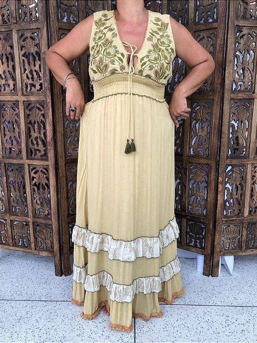 Vestido Longo Modelo Luxo Bordado Moda Indiana