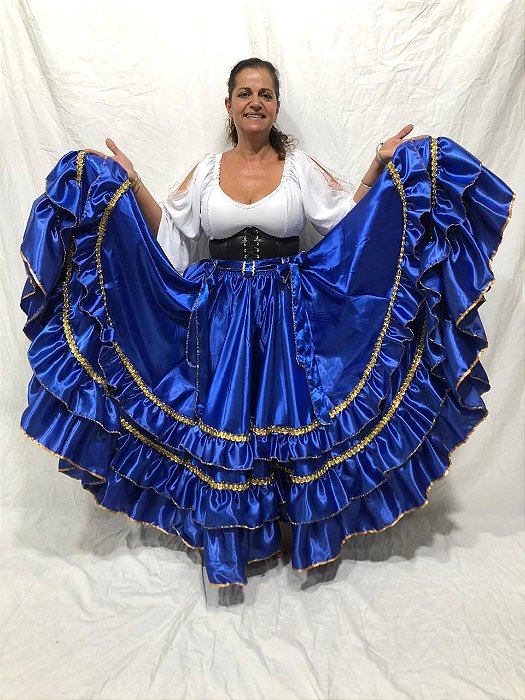 Saia Cigana Azul Royal com 3 Babados com 12 metros de roda