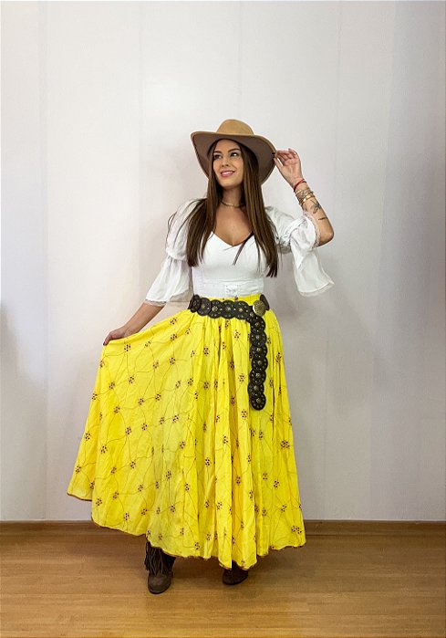 Saia longa boho chic estilo com 10 metros de roda Amarelo