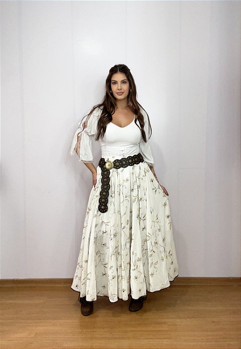 Saia longa boho chic estilo com 10 metros de roda Branco e Amarelo