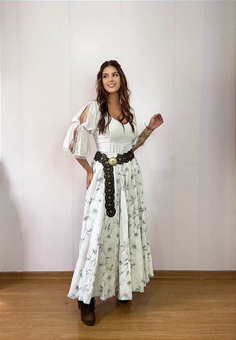 Saia longa boho chic estilo com 10 metros de roda Branco e Azul