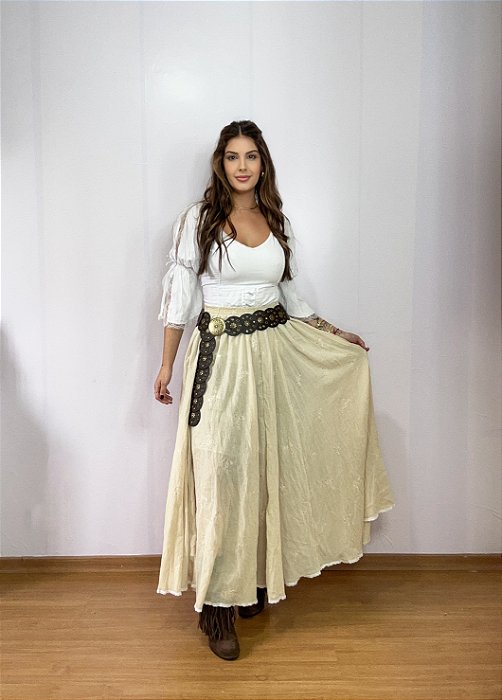 Saia longa boho chic estilo com 10 metros de roda Bege