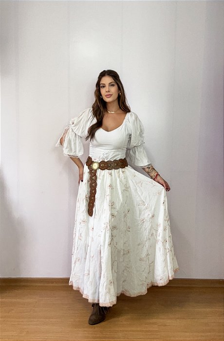 Saia longa boho chic estilo com 10 metros de roda Branco e Rosa