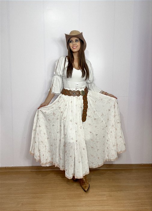 Saia longa boho chic estilo com 10 metros de roda Branco e Rosa