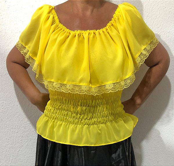 Blusa Estilo Ciganinha com Babado Moda Cigana Amarela
