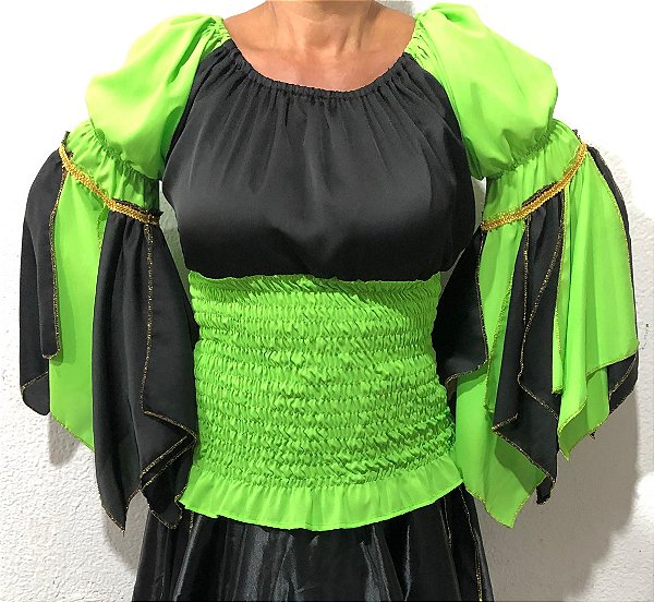 Blusa Estilo Véus Ciganinha com Manga Longa Moda Cigana Verde
