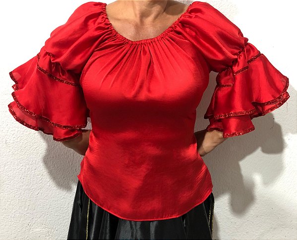 Blusa Estilo Ciganinha com Manga 3/4 Moda Cigana Vermelho