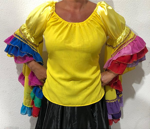 Blusa Estilo Ciganinha com Manga Longa Moda Cigana Amarelo