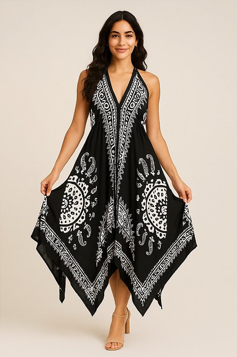 Vestido Longo Modelo Lenço Moda Luxo Estilo Indiana