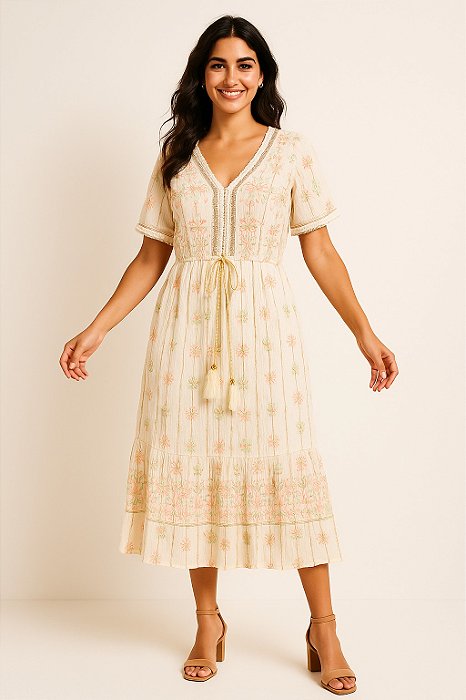 Vestido Longo Modelo Luxo Bordado Moda Indiana