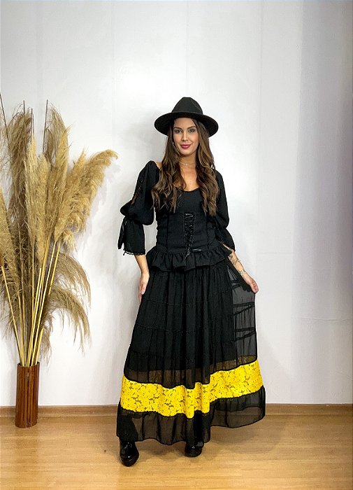 Saia Longa Estilo Boho Chic Moda Cowboy Modelo Luxo