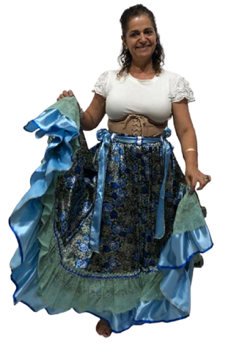 Saia Cigana Azul Estampado Modelo 2 Babados com 10 metros de roda