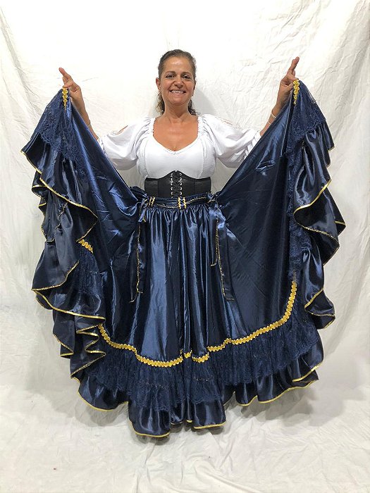 Saia Cigana Azul Escuro Modelo 2 Babados com 14 metros de roda