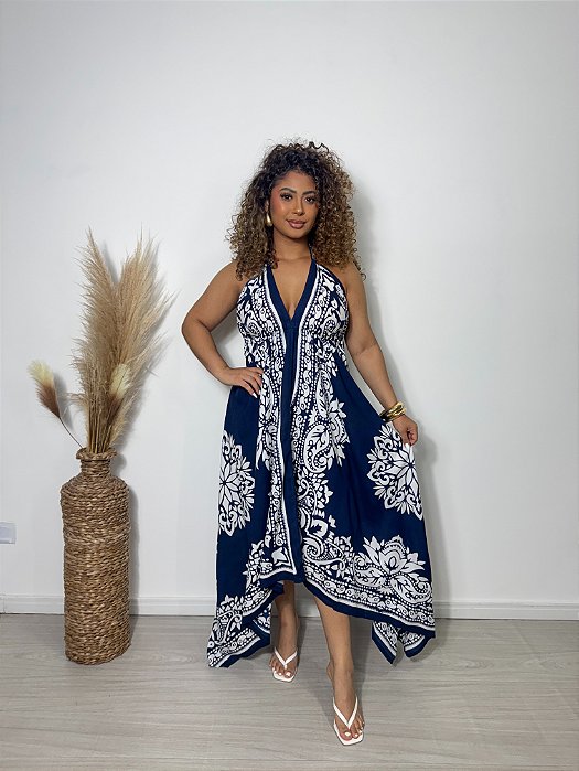 Vestido Longo Modelo Lenço Moda Luxo Estilo Indiana Azul