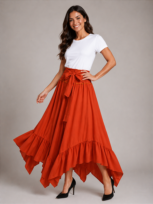 Saia Longa Estilo Boho Chic Modelo Pontas Moda Luxo Terracota