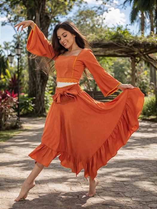 Saia Longa Estilo Boho Chic Modelo Pontas Moda Luxo Laranja